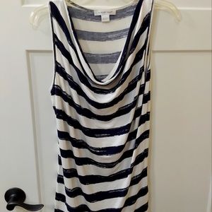 August Silk, very soft, navy & white top w/drape front.  Size large